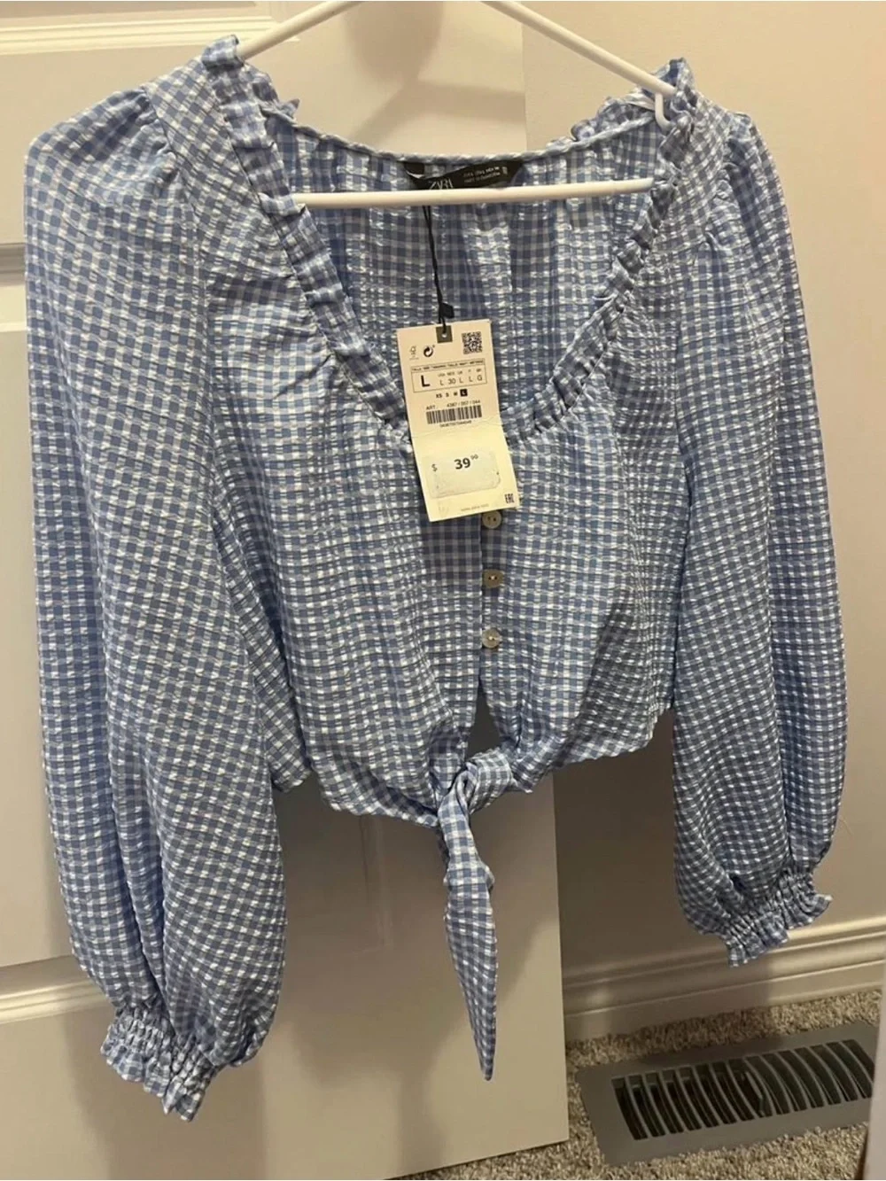ZARA Light Blue Gingham Tie-Front Peasant Blouse - Picture 2 of 2